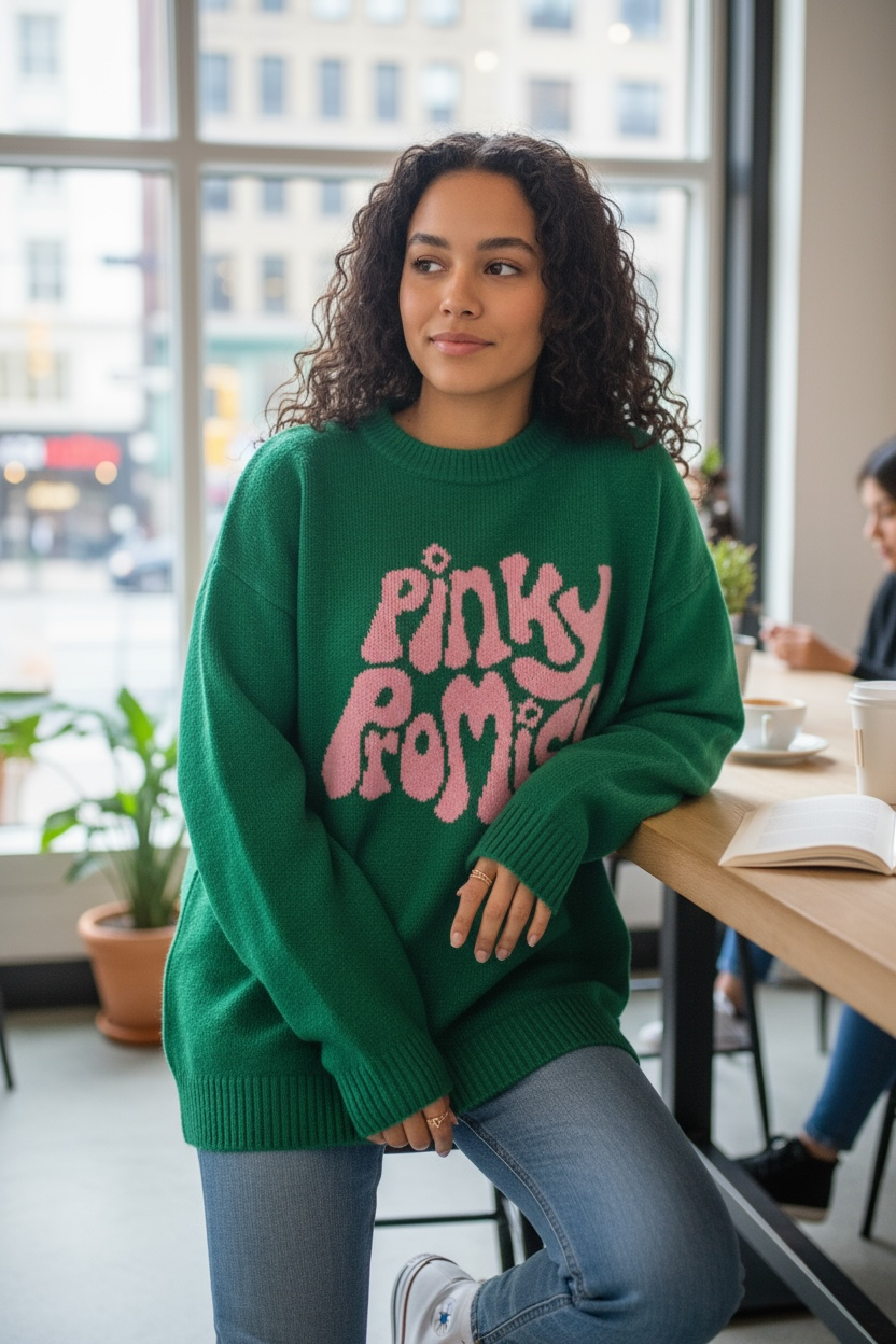 PINKY PROMISE Round Neck Drop Shoulder Sweater