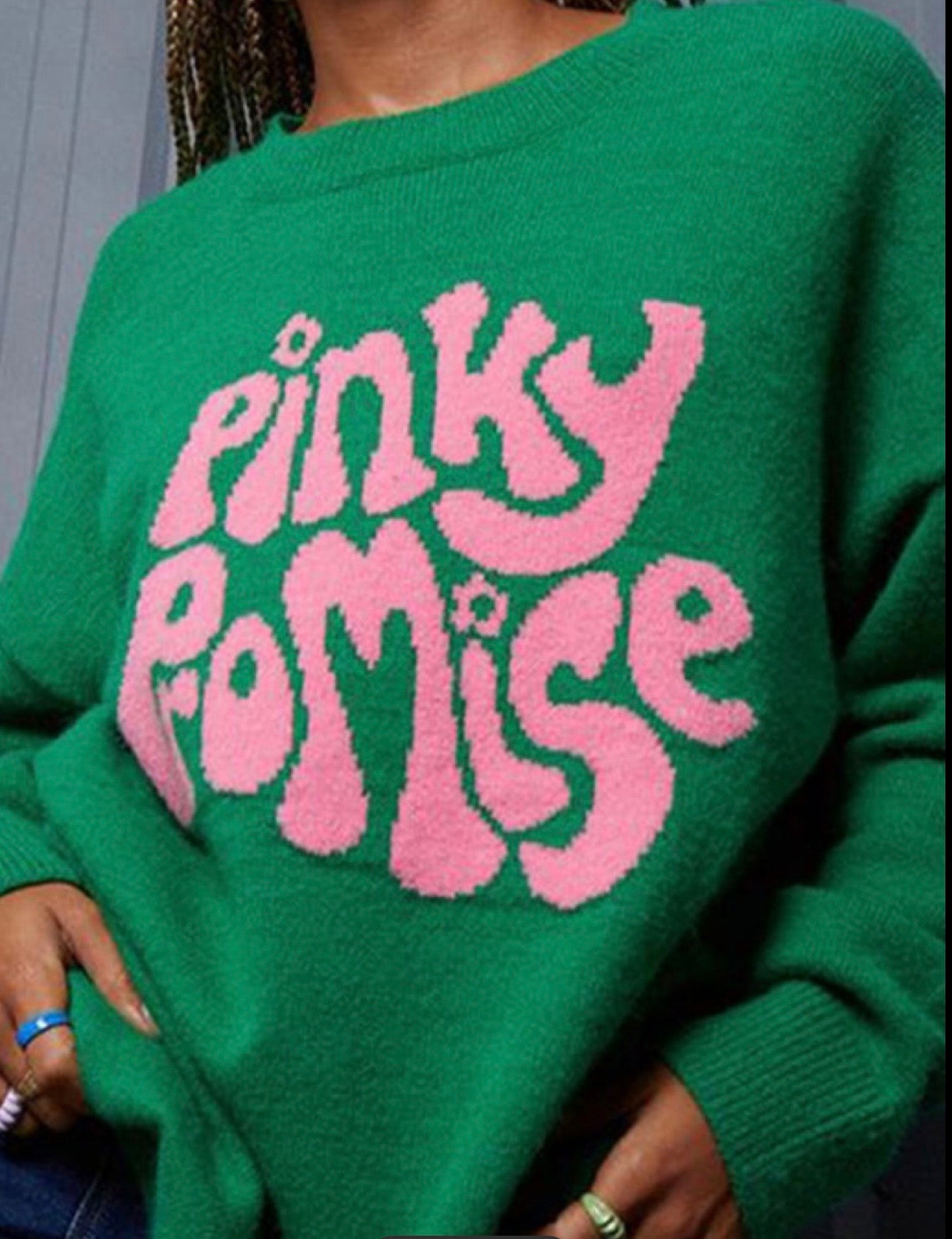 PINKY PROMISE Round Neck Drop Shoulder Sweater