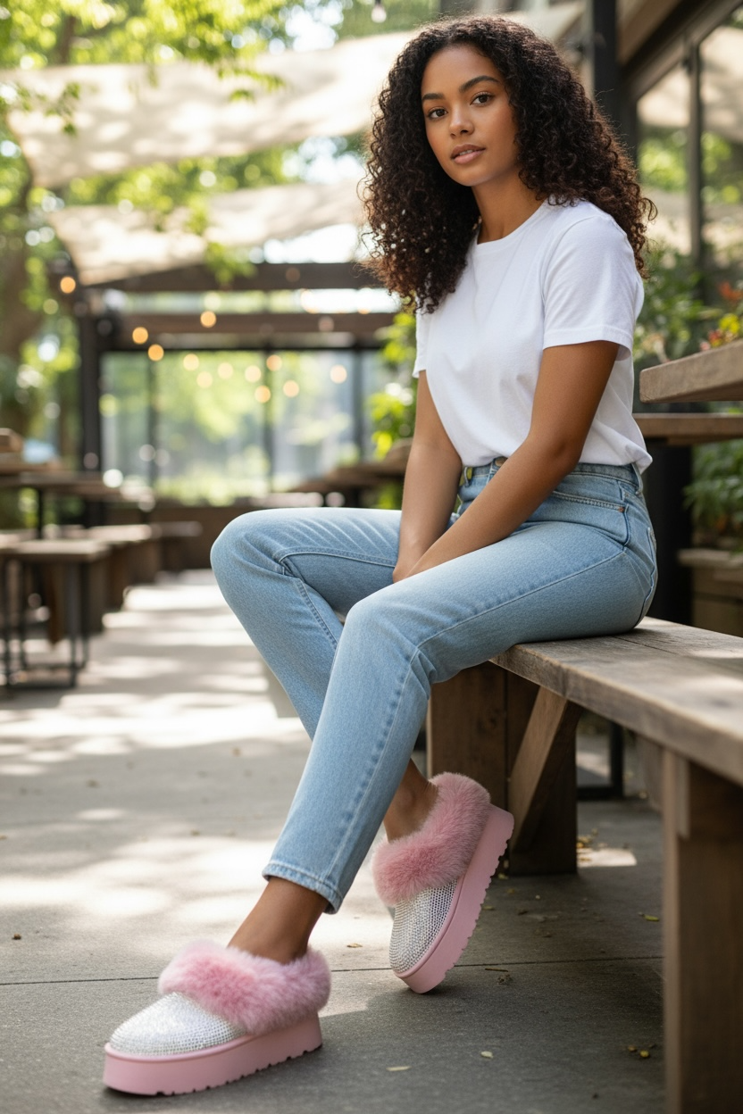 WILD DIVA Embellished Faux Fur Platform Booties