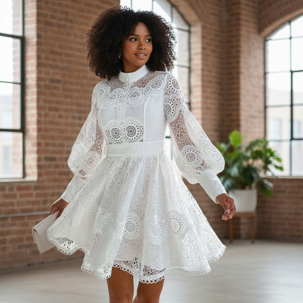 Lace Lantern Sleeve Mini Dress