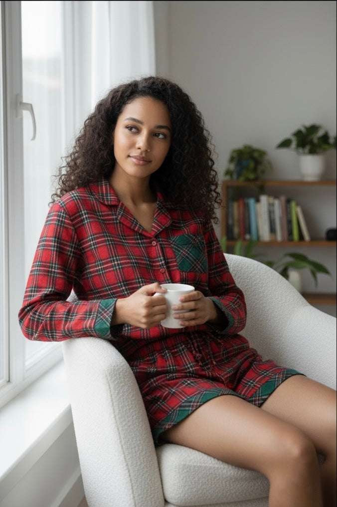 Plus Size Christmas Plaid Shirt and Shorts Pajama