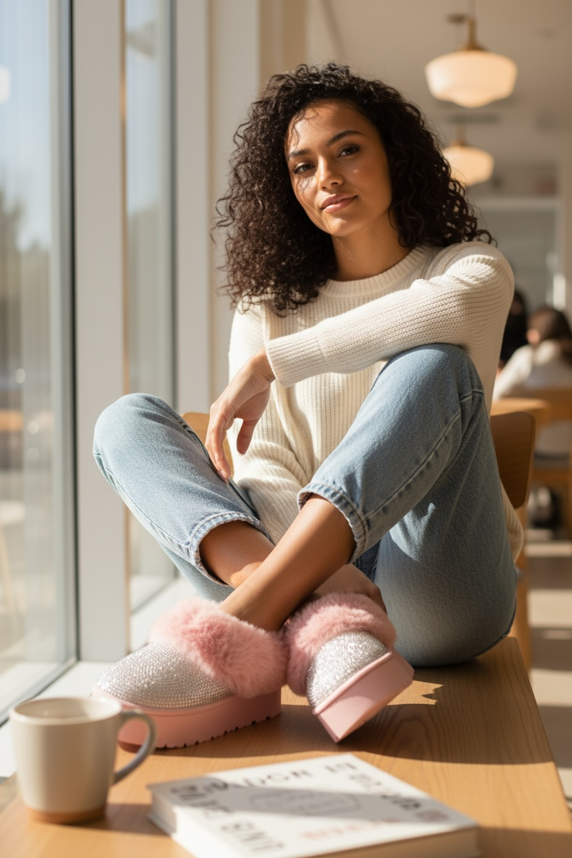 WILD DIVA Embellished Faux Fur Platform Booties