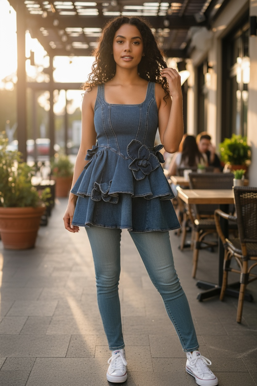Ruffle Bloom Denim Peplum Top