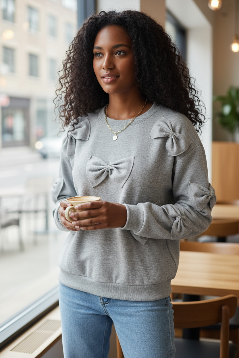 Light Gray Crewneck Bow Sweatershirt
