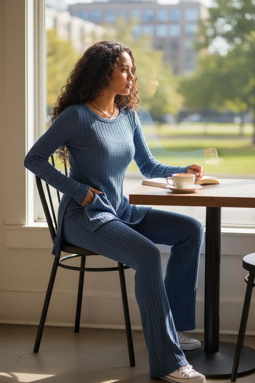 Ribbed Long Sleeve Slit Top and Bootcut Pants Set