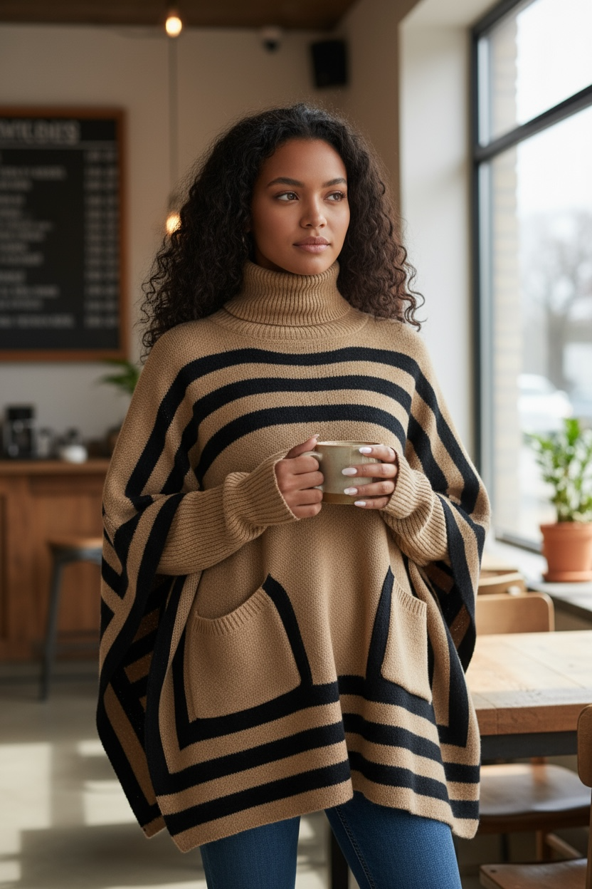 Striped Turtleneck Batwing Sleeve Sweater with Pockets