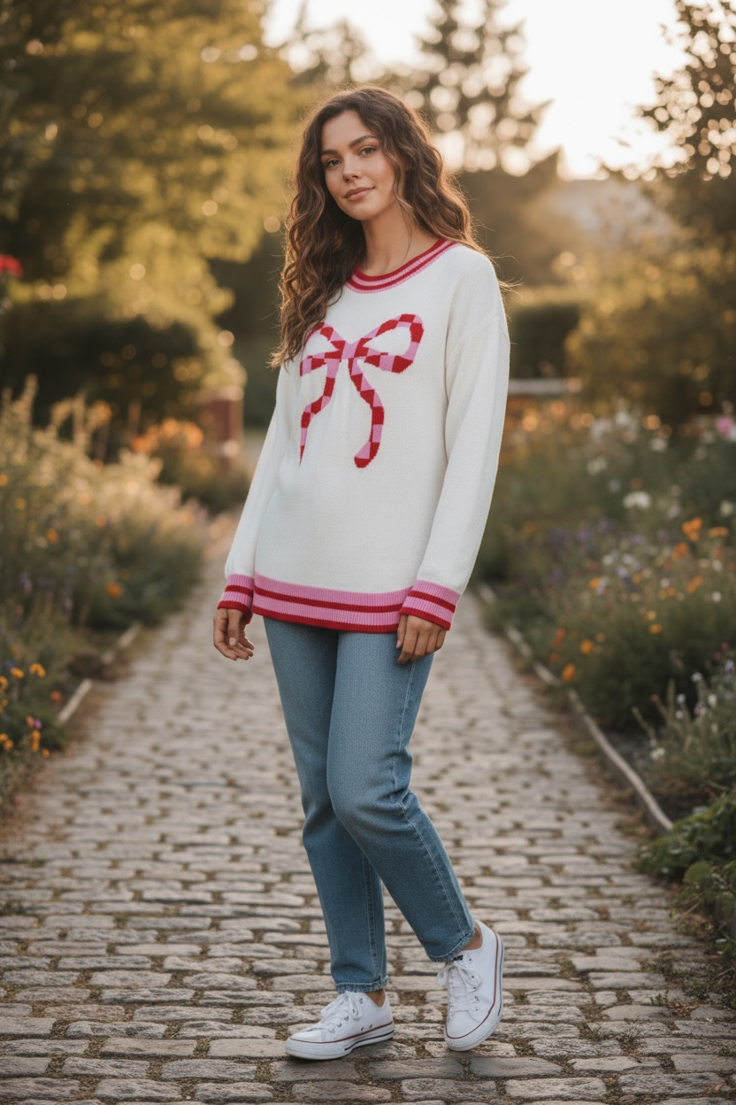 Christmas Stripe Trim Bow Crewneck Sweater