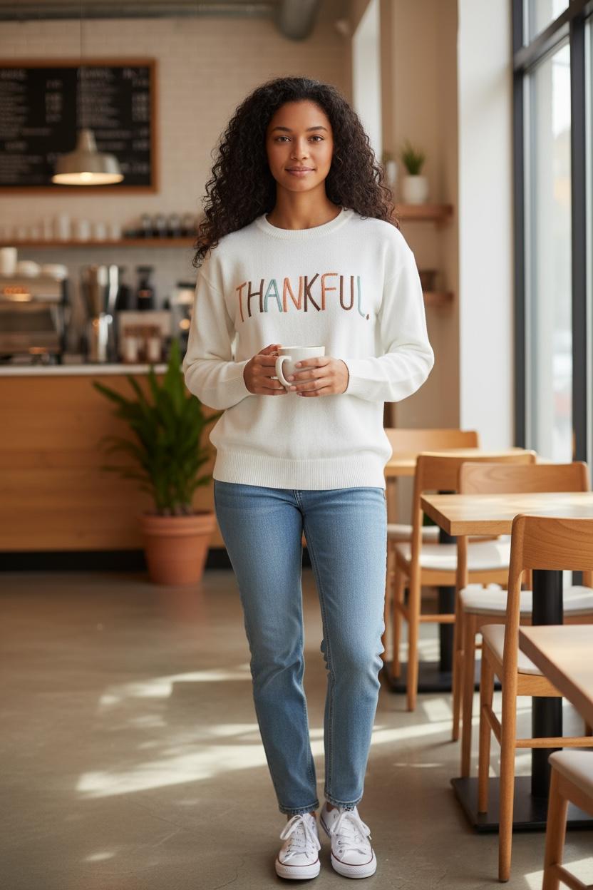 Thankful Embroidered Ribbed Trim Thanksgiving Sweater