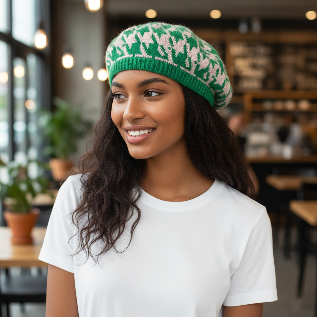 Pink and Green Houndstooth Print Beret Tam Hat