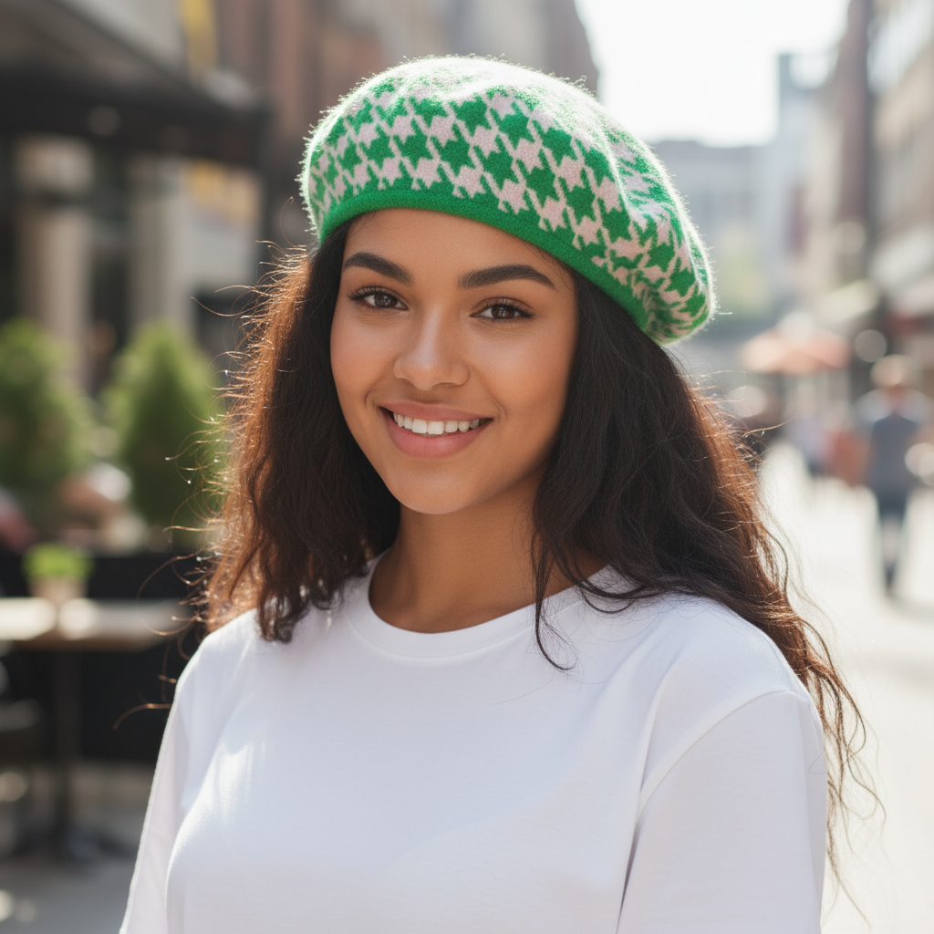 Pink and Green Houndstooth Print Beret Tam Hat