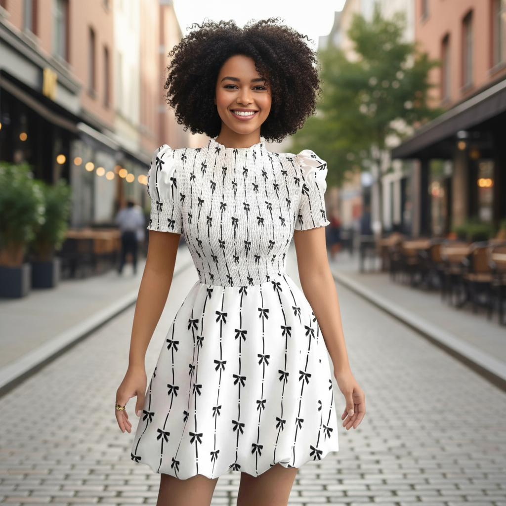 Smocked Bow Print Short Sleeve Dress